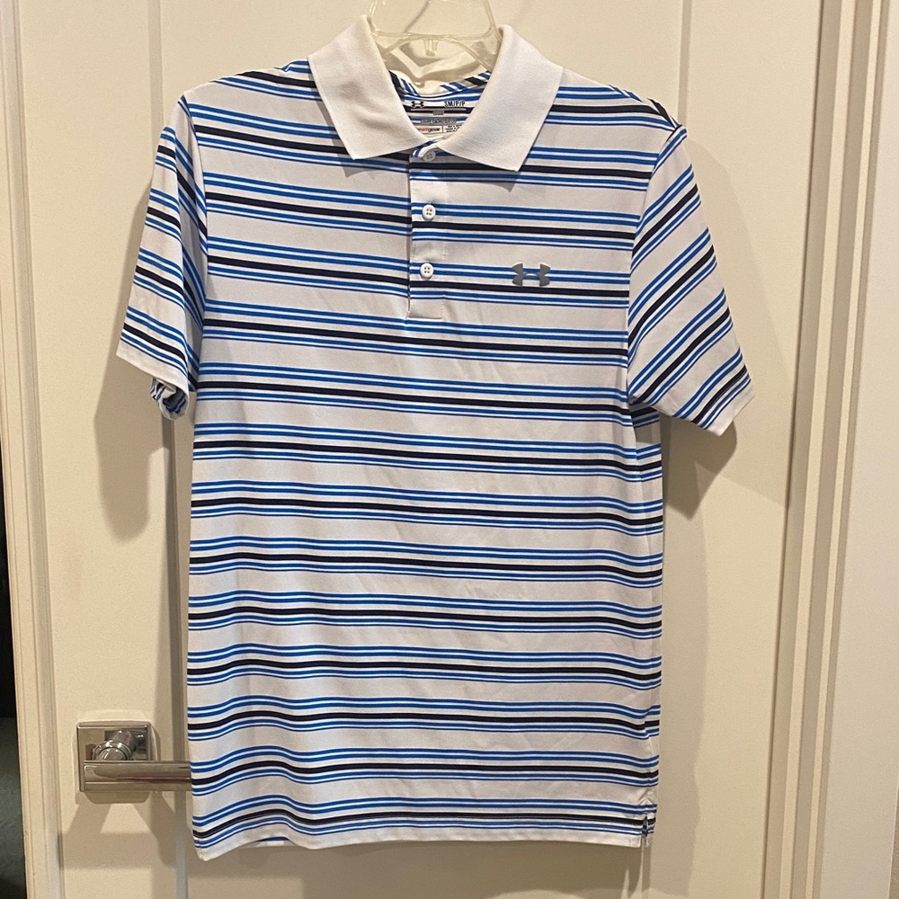 Under Armour Men's White and Blue Striped Polo